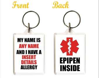 Personailsed Epipen Keyring - Add allergy and Name - School bag Childs Name Tag