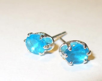 Neon Blue Apatite Stud Earrings - Gorgeous Vivid Color Natural Genuine Gemstones in Solid Sterling Silver