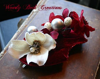 Red Velvet Cake Hair Clip Fascinator - Belly Dance, Wedding, Valentine, Prom, Vegan, ATS, Tribal Fusion, Hair Garden, Red, White, Pearl