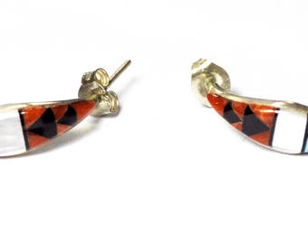 Sterling Silver Zuni Inlay Triangle MOP Half Hoop Curved Pierced Earrings 20mm