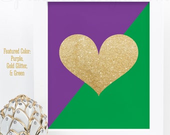Mardi Gras Birthday Decorations, Mardi Gras Wall Art, Purple Green Gold Glitter Heart Sign, New Orleans Home Decor, Printable 8x10 Sign