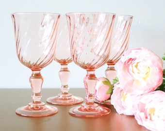 Pink Glass Wine Glasses 8oz, Set Of 4, Pink Drinking Glasses, Wine Glasses Bridesmaid, Pink Glassware, Wine Glasses, Vintage Glassware