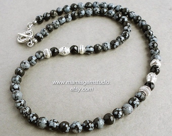 Mens Beaded Necklace, Snowflake Obsidian, Black Onyx, Gemstone Handmade Jewelry for Men, Guys, Dads