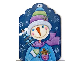 Primitive Snowman Large Tag Wall Hanging, Handpainted Wood, Winter Home Decor, Wall Art, Tole Decorative Painting