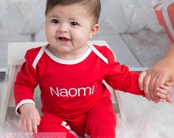 Girl Or Boy Christmas Pajamas - Embroidered Red Pajamas - Personalized Custom Name -- Red And White - Newborn Infant Full Piece Romper
