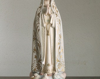 Our Lady of Fátima 14.1 inch / 36 cm Glass Eye Holy Spirit Dove Our Lady Virgin Mary Religious Statue Spain Olot Antique / F333