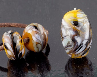 Ocher Marble Focal and Matching Pair Handmade Glass Lampwork Beads by Pink Beach Studios - SRA (1914)