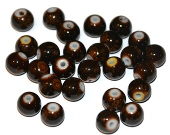 10 Brown Brown spotted clear 8mm glass beads