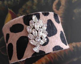 Leopard print cowhide cuff bracelet, leather cuff bracelet, rhinestone cuff bracelet, leopard print bracelet