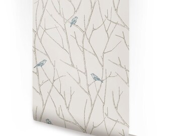 Branch Birds Blue Peel & Stick Fabric Wallpaper Repositionable