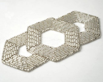 Silver Beaded Applique, Beaded patch, Bridal Applique by 1pc, 4-5/8" x 2-1/4" , FF-M2213
