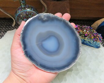 Light Blue Grey Agate Coaster - Blue Gray Agate Slice with Silver Plated Edges (RK29-07)
