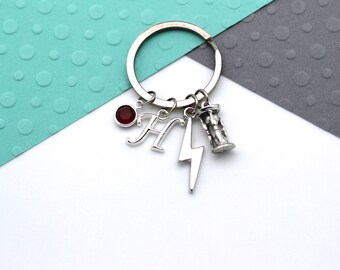 Personnalisé temps Turner et Lightning Bolt porte-clé, porte-clé personnalisé, personnalisés de Pierre de naissance Swarovski & initiale, lettre, cadeau Alphabet