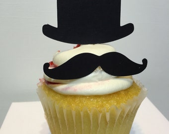 Mustache Party,Mustache Cupcake toppers, Top Hat Cupcake Toppers, 12 cupcake toppers, Black, Birthday decor, customizable,