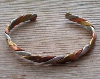 Mixed Metals Cuff Bracelet, Vintage Cuff Bracelet, Copper Brass Silver Twist Cuff, Tri Color Bracelet, Vintage Mixed Metals Bracelet