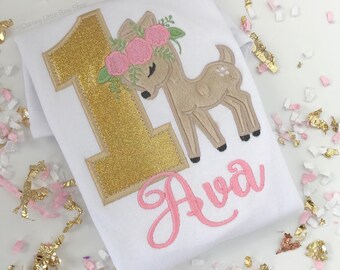 Woodland Deer Birthday Shirt or bodysuit for girls, sweet Fawn birthday shirt in light pink and gold for ANY AGE