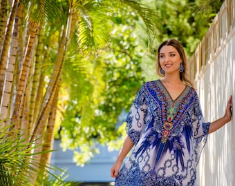 Blue Kaftan / short dress, dress, kaftan, resort wear