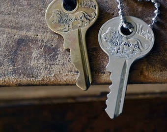 Key of Bravery - Brass Lion Key - Masterlock Key Necklace - Hand-stamped Key - Prohibition Key - Antique Key Necklace - Vintage Key Necklace