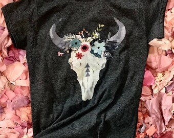 Cow Bull Skull with floral horns Tshirt Top
