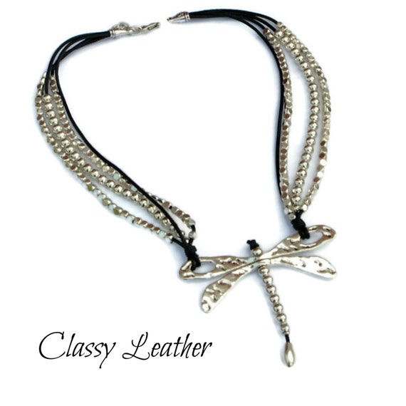 Dragonfly necklace, dragonfly jewelry,dragonfly choker,leather necklace,silver dragonfly necklace,designer necklace,statement necklace,gift