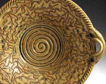 Handmade Stoneware Pottery Basket Bowl Carved Golden Oak Leaf Bowl SHIPPING INCLUDED