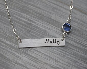 Sterling Silver Bar Necklace Birthstone Jewelry Personalized Jewelry Horizontal Bar Hand Stamped Name Necklace Teen Gift Birthday Gift