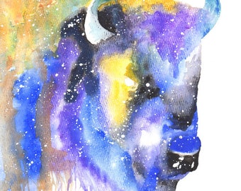 Bison Spirit Totem Animal ORIGINAL Galaxy Watercolor 9X12