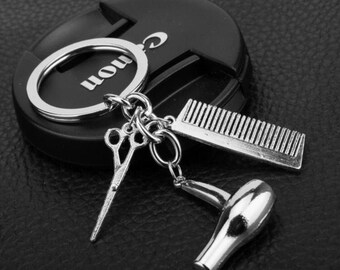 Hairdresser Keychain/Hair Dryer Scissor Comb Keychain/Hairdresser Gift/Keyring/Women Bag Pendants/Car Key Chain Ring/Blow Dryer Keychain