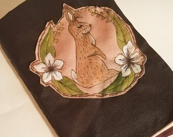 Recycled Leather Notebook / Haindpainted Bunny Journal / Handbound Book