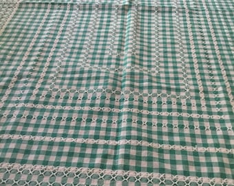 1950s green gingham cross stitch tablecloth