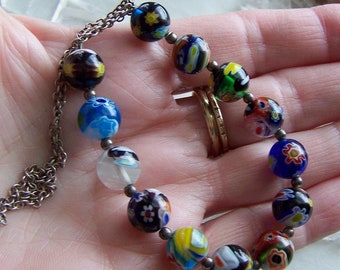 Vintage Italian Glass Millefiori Beaded Sterling Silver Necklace