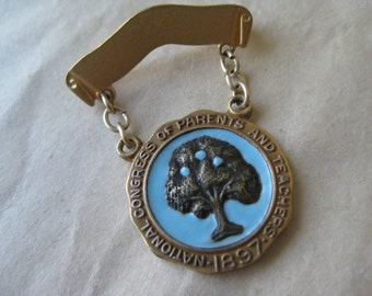 National Congress Parents Teachers Pin Brooch Enamel Blue Gold Vintage Dangle