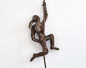 Climbing woman with rope, wire mesh sculpture, wall hanging, Contemporary metal wall art, mountain climber