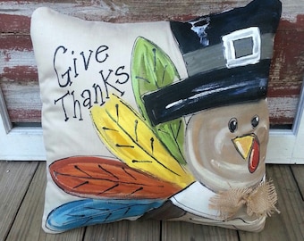 Pillgrims, Turkey, Fun Fall Pillows,Thanksgiving, Holidays, Fall, Indoor/Outdoor Pillow, Hand-painted, Pillow Cover, No. 501