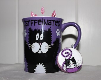 Purple White and Black Decatfeinated Ceramic Mug Wool Felt Pincushion and Matching Retractable Tape Measure Set