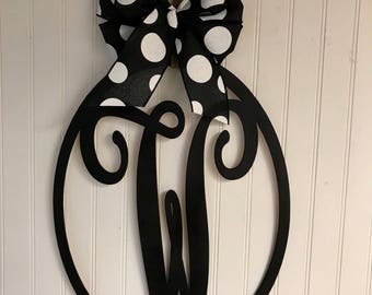 Wood Door Hanger Monogram Vine Oval Hanger 20 x 15 Painted or Unfinished Letter Bow Options