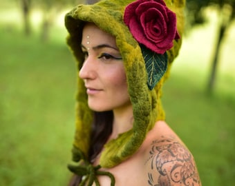 Felt Flower Hat-Woodland Head Wear-Pixie Hood-Bonnet-Fairy Costume-Flower Hat-Witches Hat-Festival Wear-Burning Man-Performance Costume OOAK