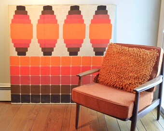 Vintage Mid Century Modern Fabric Screen Print On Wood Stretcher