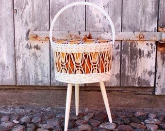 Vintage wicker sewing basket 60s 70s mid century wicker fabric wood tripod