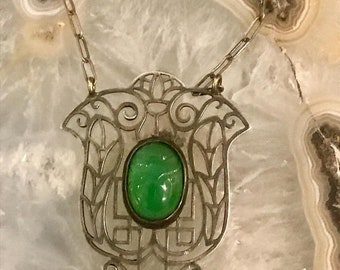 MothersDaySale Beautiful Art Deco Egyptian Revival Sterling Silver Green Chrysoprase Scarab Lotus Flower Vintage Necklace Art Deco Jewelry