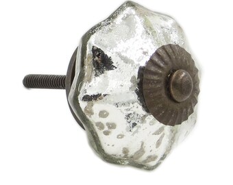 Antique Silver Mercury Glass Distressed Octagon Knob Pull for Dresser, Drawer, Cabinet, Door - i8