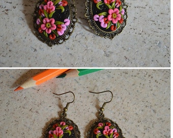 Flower jewelry Gift idea|for|girl Pink Flower earrings Pink|and|black Jewelry handmade Gift|for|wife Pink earrings Daughter Gift|for|her art