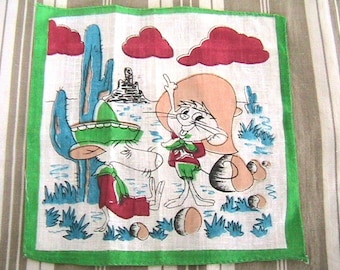 Lovely Speedy Gonzales & Slowpot Rodrigues 1950s Vintage Handkerchief - Colorful Print - COLLECTIBLE - Deadstock !