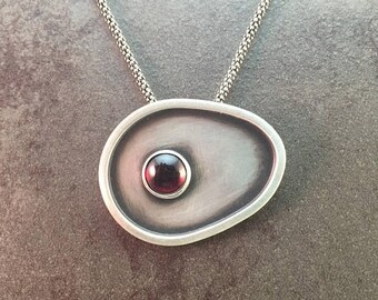 25% Off Garnet Cabochon Sterling Silver Metalwork Industrial Rustic Modernist Necklace Pendant