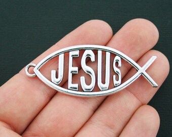 Large Jesus Fish Charms Antique Silver Tone Ichthys Charm - SC4484