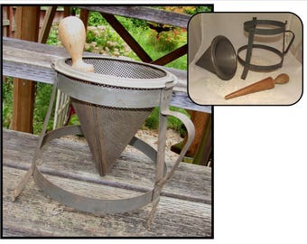 Vintage Kitchen Chinois Conical Cone Strainer Sieve, 3 piece, with Wooden Pestle, canning utensil