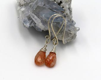 Sunstone Earrings - sterling silver, fadeted Sunstone pear briolettes