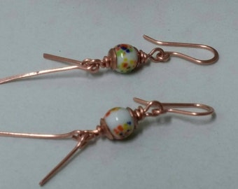 Copper earrings, colorful dangle earrings, 1950 Japanese glass earrings, copper dangle earrings, metalsmith earrings, long earrings