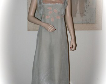 Beautiful 1930's Ice Blue Silk Night Gown, Creamy Beige Lace Trim, Hollywood Glamour, Pin-Up Model, Photo Shoot, Bridal Trousseau