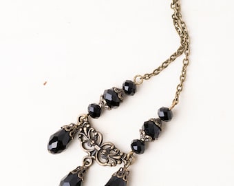 Gothic/Victorian Filigree Black Crystal Pendant Necklace with Antique Bronze Chain